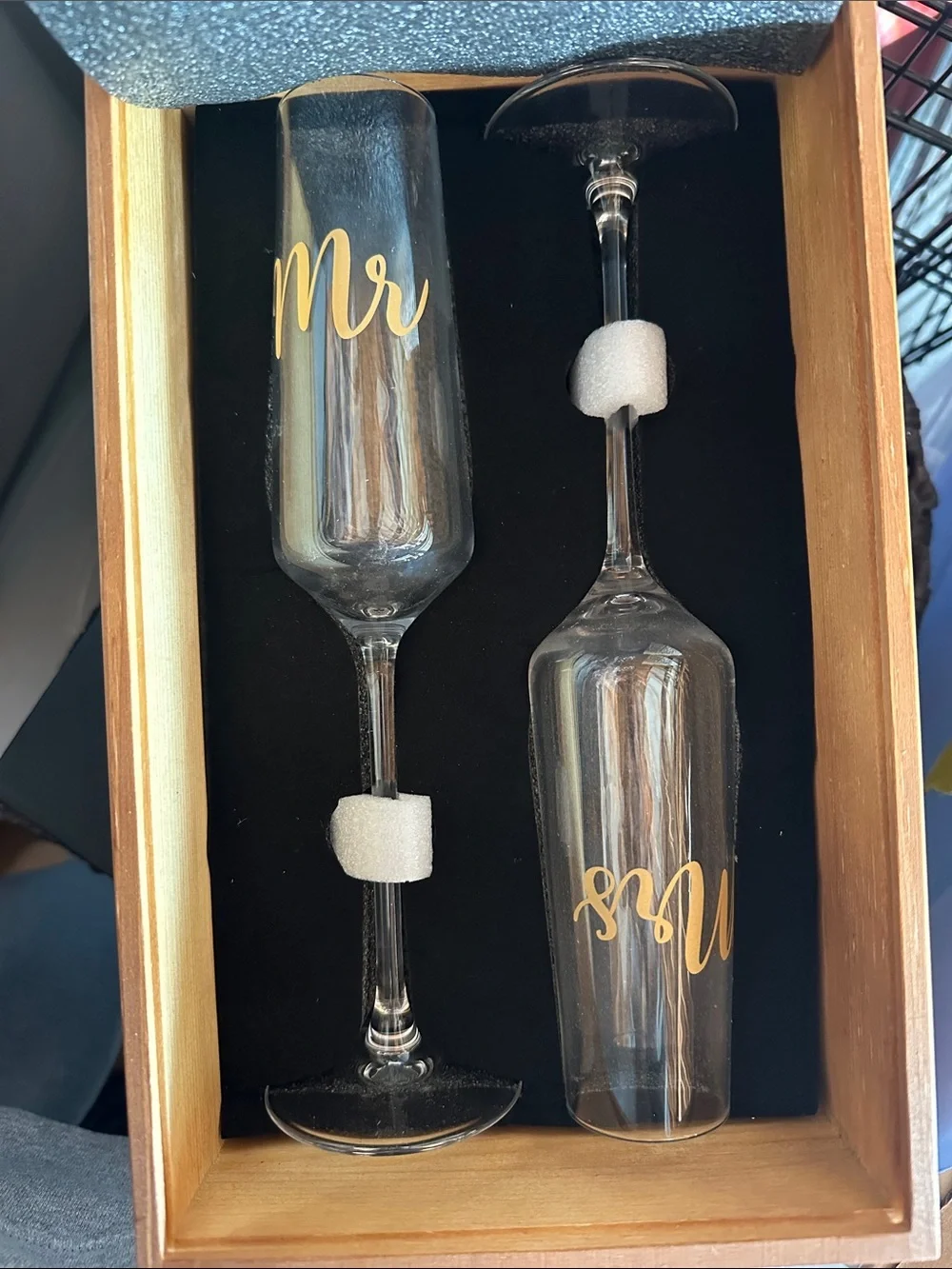 Mr & Mrs Champagne Flutes - Wooden Box - Tan Wood with Cream Text